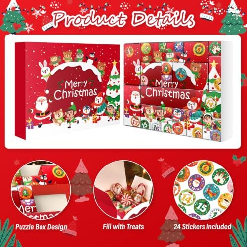 JWSCYSY 2026 Christmas Advent Calendar Box Set DIY - 24 Empty Surprise Gift Boxes with Number Stickers to Fill, Countdown Calendar for Kids Family Holiday Christmas Decorations (Red)