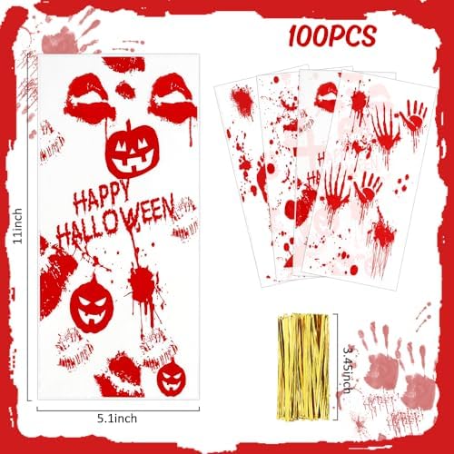 100 PCS Halloween Cellophane Treat Bags(5x11 Inch) with Ties Horror Ghost Blood Theme Trick or Treat Bag Goodie Candy Gifts Bags Pouches for Halloween Wicked Party Favors Supplies Birthday Decorations