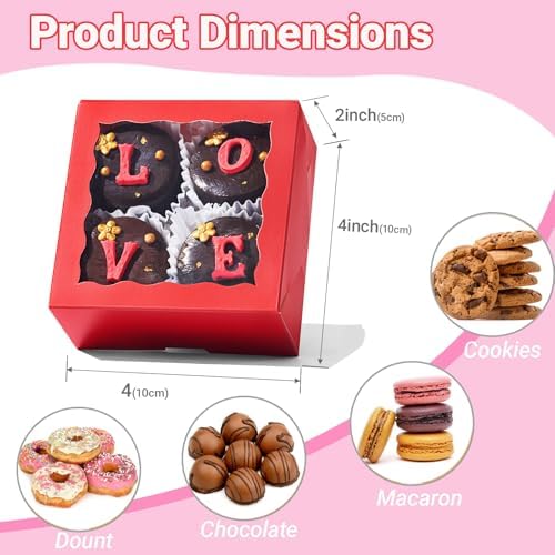 50 Pack 4x4x2 inches Red Bakery Boxes with Window - Macaron Cookie Chocolate Truffle Strawberry & Mini Cake Gift Boxes for Valentine's Parties Birthdays Wedding, Christmas Favors