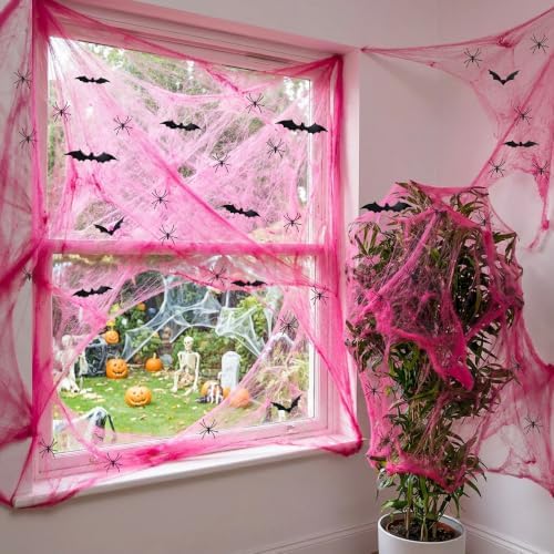 1100 Sqft Rose Red Halloween Spider Web Decor with 60 Fake Spiders 12 Bats