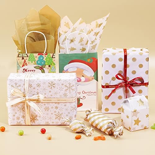 Blisstime 120 Sheets Gold Tissue Paper Gift Wrap Bulk, 19.5" x 13.6" Christmas Tissue Paper for Wrapping, 6 Assorted Designs Golden Stars Snow Dots for Christmas Gift Bags, DIY and Craft