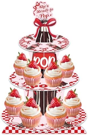 3 Tier Cupcake Stand for She's Ready to Pop Baby Shower Decorations - Red Soda Themed Cardboard Cupcake Tower, Reusable Dessert Display Cup Cake Tower Stand for Kids Birthday Party Supplies