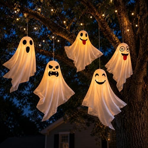 5 Pcs LED Light Up Hanging Ghosts, 24.4 Inch Halloween Outdoor Decor