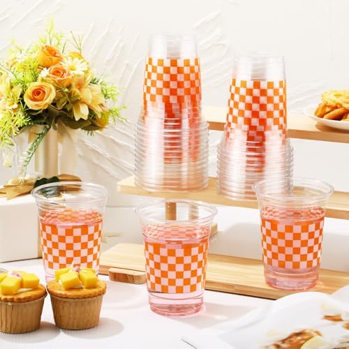 100 Pcs 16 oz Disposable Gingham Party Cups Orange Checkered