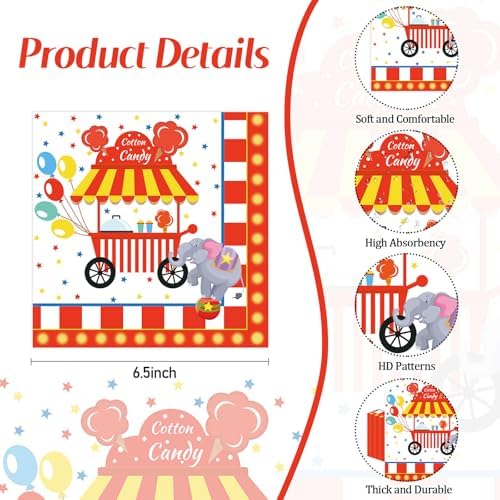 50 Pcs Carnival Paper Napkins 6.5 x 6.5 Inches, Circus Birthday Theme Disposable Luncheon Dinner Party Napkins Cocktail Napkin for Baby Shower Birthday Party Decorations (Carnival)