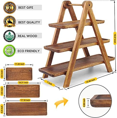 Manspdier Extra Large Wood 3 Tier Serving Tray Three Tiered Cupcake Stand, Rectangle Serving Platter Wooden Farmhouse Tiered Tray, Party Serving Brown Decorative Tray Decor