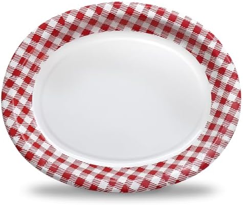 40Pcs Red Gingham Oval Paper Plates 10" x 12",Large Disposable Heavy Duty Paper Plates Red and White Plaid Party Platter for BBQ Picnic Birthday Wedding Baby Shower