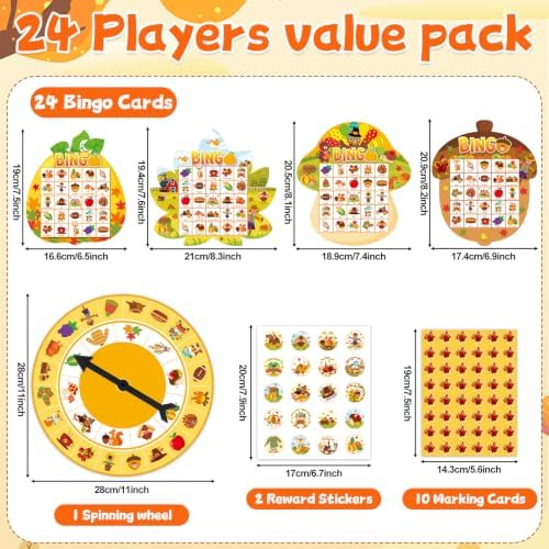Thanksgiving Bingo Game Cards for Adults 24 Player Fall Harvest Bingo Cards with Turntable Stickers Thanksgiving Autumn Games Set for Party Activities Home Family Party Game