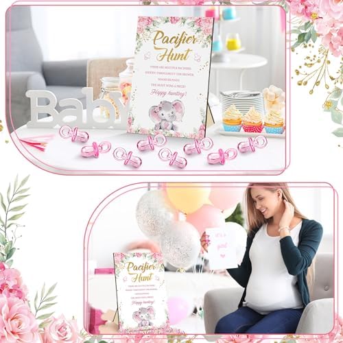 Thyle 51 Pcs Pink Elephant Pacifier Hunt Baby Shower Games Include Hunt Sign 50 Acrylic Pacifiers It's a Girl Pink Elephant Theme Baby Shower Game Decoration Gift Sets for Gender Reveal Party Decor