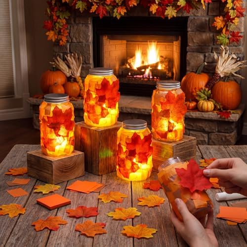 Qinyoung 12 Pcs Fall Crafts Maple Leaves Mason Jars with LED Candle Light