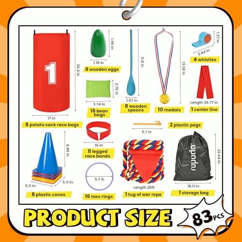 ropoda Field Day Games, Outdoor Carnival Games Potato Sack Race Bags for Adults and Kids, Bean Bags, Soft Plastic Cones,Ring Toss Set,Egg and Spoon Race, Outdoor Games Easter