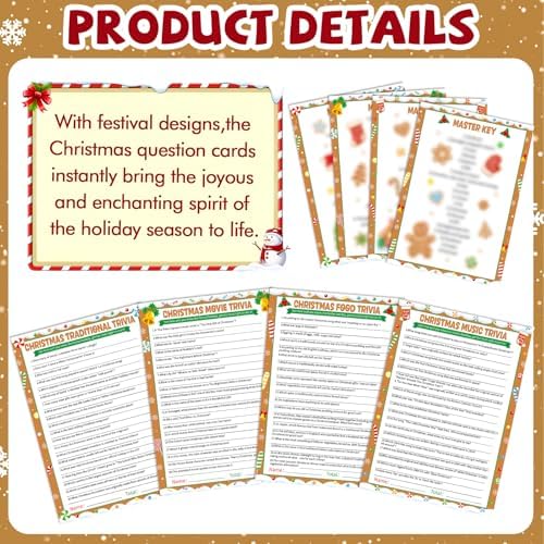 104Pcs Christmas Party Trivia Game Cards Xmas Festival Guessing Activity Christmas Question and Answer Cards for Adults Family Friends Coworkers Groups Winter Holiday Party Supplies (Gingerbread)