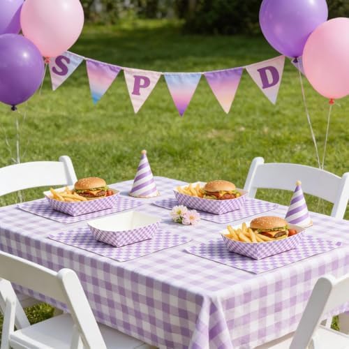 Geosar 100 Pcs Gingham Paper Food Tray with Wax Paper,Purple White