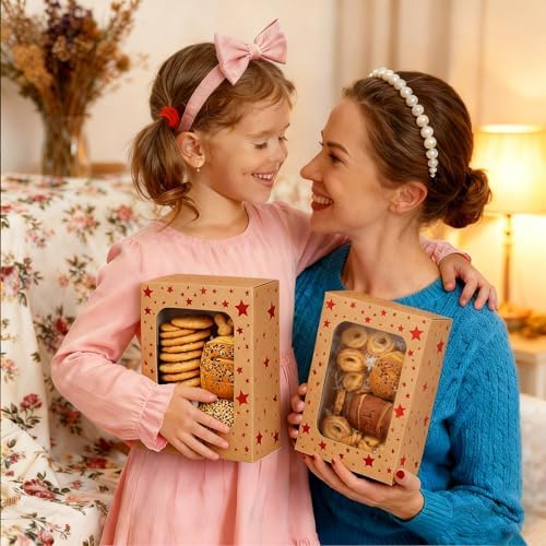 Christmas Brown Holiday Cookie Boxes, Red Star, 24 Pack, 9x6x3 In