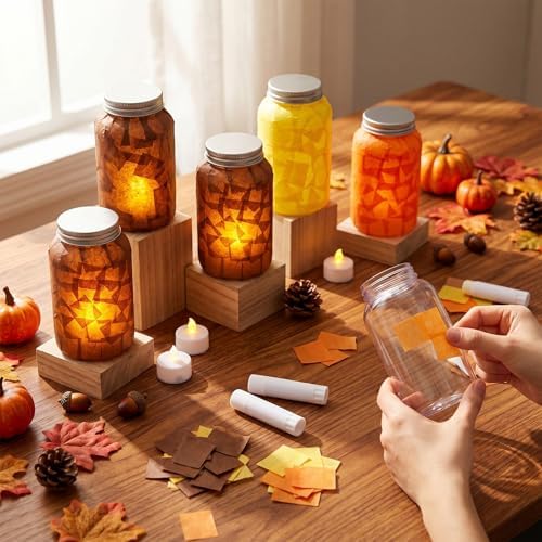 Qinyoung 12 Pcs Fall Crafts Thanksgiving Mason Jar with LED Candle Light