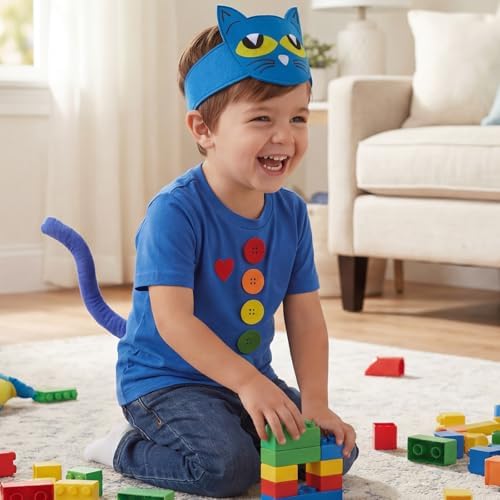 Blue Cat Costume Set with Cat Headband and Tail, Heart Button Stickers Accessories for Read Book Day Dress Up Halloween Party Cosplay