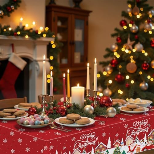 3-Piece 54 x 108 Inch Christmas Plastic Tablecloth – Red Disposable Table Covers with Merry Christmas Lettering, Snowy Houses, Santa, Snowmen, and Xmas Trees for Holiday Winter Parties