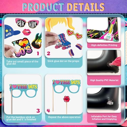 90s Inflatable Photo Frame & Props, 25Pcs Back to The 90s Photo Booth Props with Inflatable Selfie Picture Frame for 1990s Throwback Birthday Party Supplies