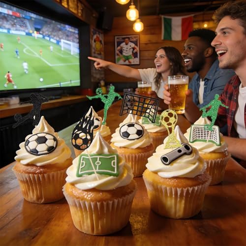 24Pcs Soccer Cuocake Toppers, Glitter Soccer Ball Party Cake Decorations