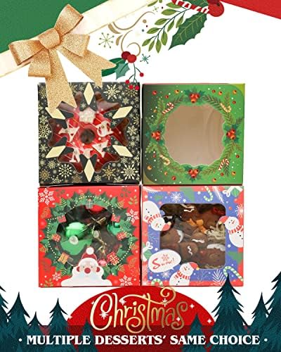 qiqee Christmas Bakery Boxes with Window 52pcs 4x4x2.5 Inch Mini Cookie Boxes Macaron Boxes Small Donut Pastry Boxes for Christmas