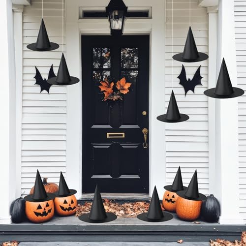12 PCS Halloween Witch Hat, Black Hanging Witch Hat Costume Accessories Thickened Hanging Wizard Hats Bulk with 109 FT Rope Floating Porch Indoor Outdoor Home Yard Party Supplies