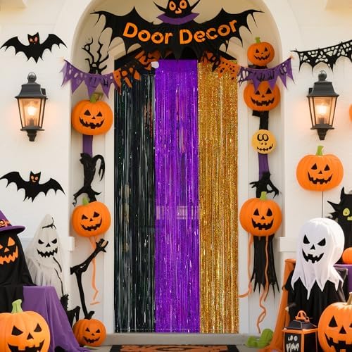 Halloween Party Decorations, 3 Pack Glittery Halloween Foil Fringe Curtains 3.3 X 6.6 ft, Orange Purple Black Tinsel Party Backdrop Photo Booth Props Streamers Birthday Party Supplies