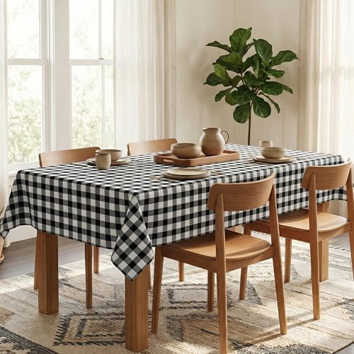 Waterproof Gingham Tablecloth, Checkered Fabric Table Cover for Kitchen Dining, Black & White Plaid Table Cloth, Rectangle Table Cloth for Indoor Outdoor Use, W60 x L102 in