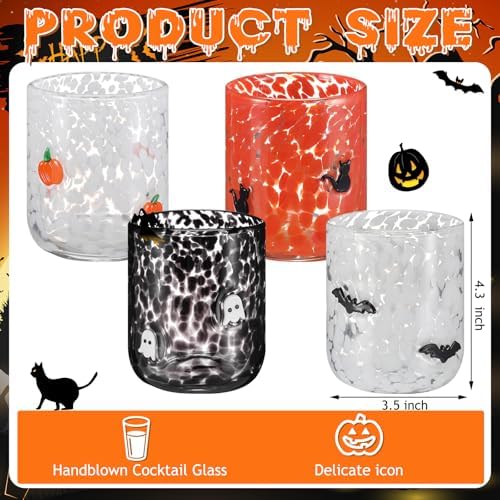Skylety 4 Pcs Halloween Icon Glass Cups - Pumpkin, Ghost, Bat, Cat
