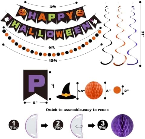 meowtastic Happy Halloween Banner Decorations - Halloween Banner with Honeycomb Ball, Hanging Swirl Streamer, Circle Dot Garland Decorations for theme Party Decorations