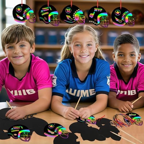 JULMELON 36 PCS Football Scratch Art Kids, Helmet Crafts Party Favors
