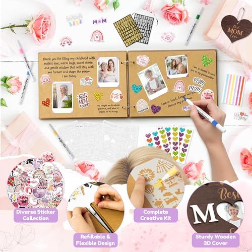 TICIAGA Large Size Mother’s Day Scrapbook Album Kit - 11.8x8.6 Best Mom Ever Large Wooden Photo Album Craft Set for Mom Grandma DIY Memory Book Keepsake Gift for Mother's Day Birthday & Family Moments