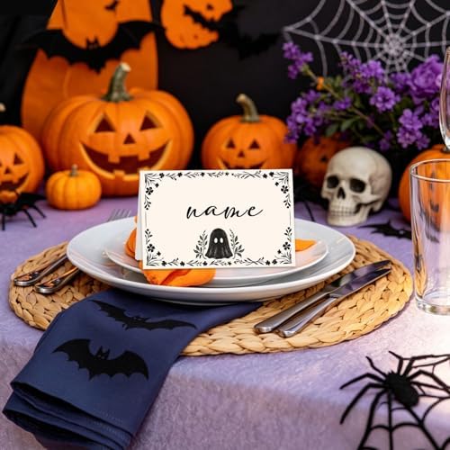 Halloween Place Cards for Table Setting, Ghost Tent Cards Decor For Birthday Baby Shower Autumn Party Reception Decorations, Bridal Shower Place Card, 25 Pack Birthday Food Name Card 2 x 3.5" /034