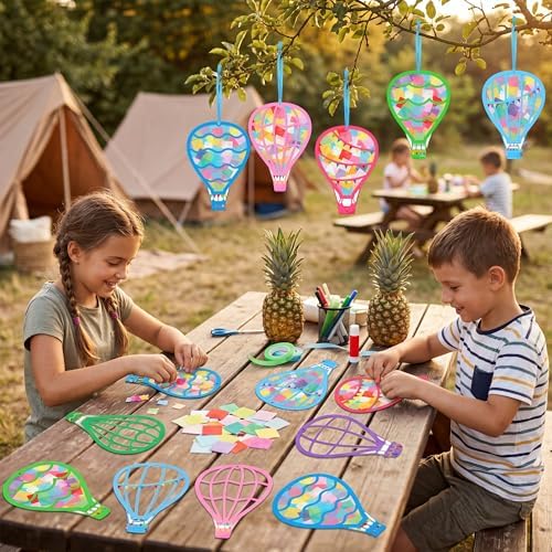 Renbuzhu 48PCS Back to School Crafts: Paper Hot Air Balloon Suncatchers DIY Kits, Summer Window Stained Glass Effect Art Supplies