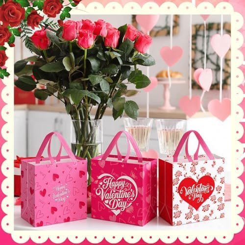Wesnoy 48 Pcs Valentine's Day Gift Bags Bulk with Handle Non Woven Reusable Pink Red Heart Bags Valentine's Day Candy Bag for Classroom Gift Exchange, Goodies Wrapping Party Favors, 11.4x10.6x4.7 Inch