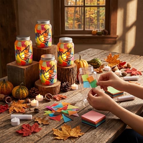 Qinyoung 12 Pcs Religion Dove Crafts Mason Jars Tissue Paper Crafts with LED Candle Light DIY Suncatchers Decoration Make Your Own VBS Mason Jars Supplies for Sunday School Projects Activity