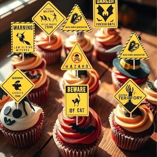 40 PCS Halloween Cupcake Toppers Warning Sign Tombstone Witch Bat Cupcake Picks Danger Beware of Cat Zombie Cupcake Decorations for Halloween Theme Zombie Birthday Party Cake Decorations Supplies