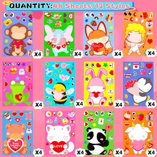 48 Sheets Valentine Stickers Crafts for Kids, Make a Face Sticker for Valentine's Day Activities Toddlers Kids Classroom Goodie Bag, DIY Valentine's Animal Stickers for Party Favors Decorations
