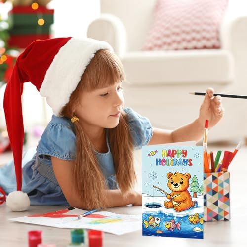 Whaline 24 Packs Winter Christmas Color Your Own Cards Greeting Card DIY Coloring Cartoon Animal Note Cards with Envelopes and Stickers for Xmas Holiday Baby Shower Student Crafts