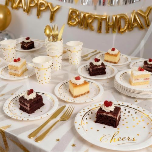168Pcs White and Gold Paper Plates and Napkins Party Supplies for 24 Guest