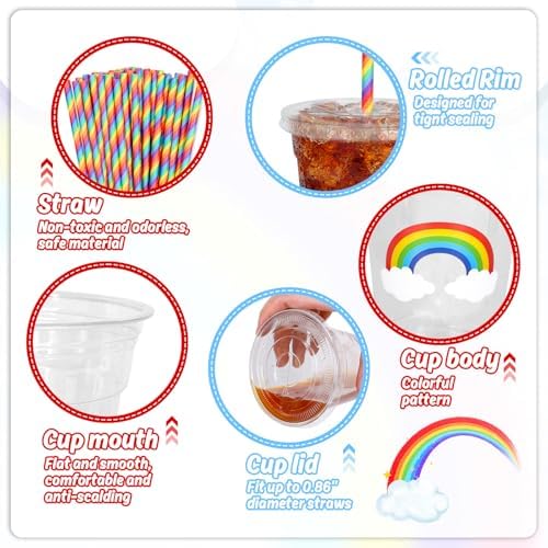 Whaline 50 Pcs 12 Oz Pastel Rainbow Disposable Plastic Cups with Lids and Straws Colorful Cold Beverage Drinking Cups for Birthday Baby Shower Party Supplies