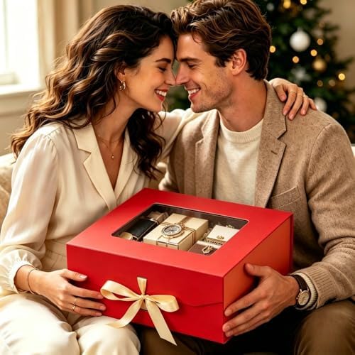 5 Pcs Red Gift Box for Presents with Ribbon 13.2x11x5.3 Inches Clear Gift Box with Window Magnetic Closure Gift Boxes with Lids
