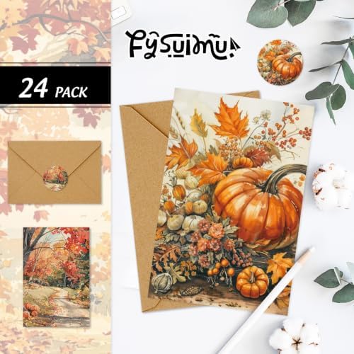 FYSUIMU 24 Pack Fall Cards Greeting Cards with Envelopes Stickers Autumn Leaves Pumpkin Truck Blank Note Card for Thanksgiving Harvest Party Supplies, 4 x 6 Inch