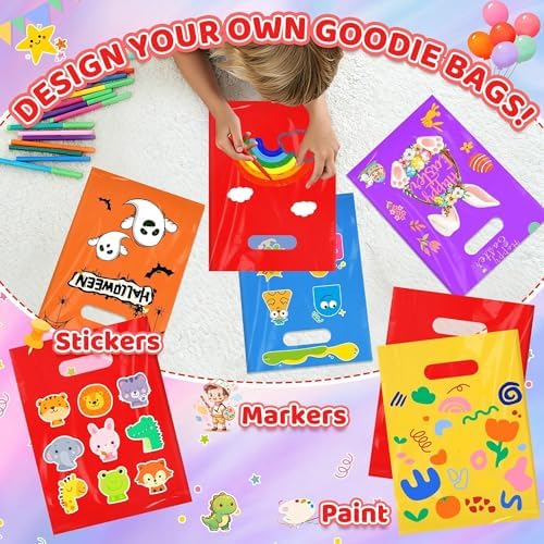 VieFantaisie 50 PCS Red Party Favor Bags, 8" x 11" Goodie Bags for Candy Treat Craft Easter Egg, Plastic Gift Bag with Die Cut Handles for Birthday Party, School Events & Small Business, Wedding