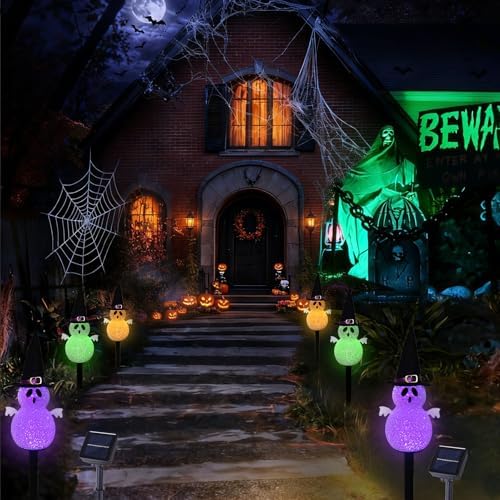 BRIGHTDECK Halloween Solar Pathway Lights Outdoor, LED Decor, Light Up Solar Stake Lights for Holiday, Halloween, Walkway, Sidewalk (Multicolor Hat Ghost, 6-Pack)