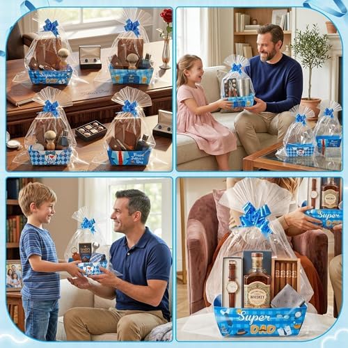 OSNIE Dad Empty Gift Baskets for Father's Day - 24 Sets Happy Father’s Day Blue Basket Bulkor Gifts Empty with Cellophane Basket Bags Ribbons Bows, Dad Theme Party Favors for Anniversary Birthday