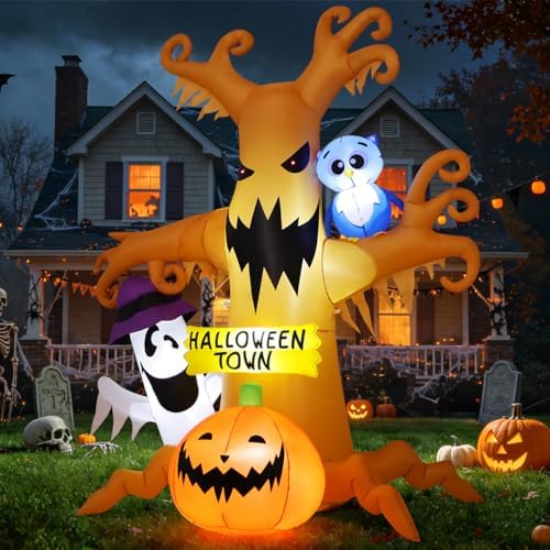 GOOSH 8 FT Halloween Inflatables Dead Tree Outdoor Decorations with Owl Ghosts and Pumpkins, Blow Up Yard Decorations with Built-in LED Lights for Outdoor Party Garden Lawn Decor (Movable)