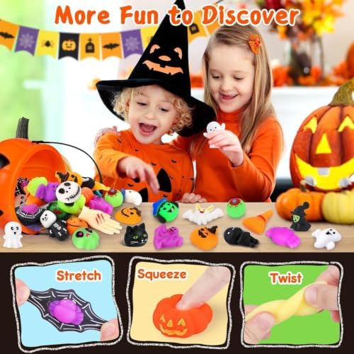 OCATO 50Pcs Halloween Mochi Squishy Toys with Pumpkin Bucket for Kids