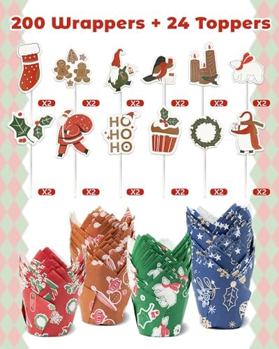 Bake Choice 200 Pcs Christmas Tulip Cupcake Liners with 24 Pcs Cupcake Toppers, Cupcake Liners, Tulip Cupcake Liners for Baking, Standard Tulip Muffin Liners for Christmas Holiday