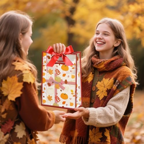 Capoda 24 Pcs Fall Gift Bags Bulk Autumn Plastic Party Favor Bags with Die Cut Handles Reusable Fall Harvest Pouch with Ribbon for Autumn Harvest Thanksgiving Party Decor Supplies