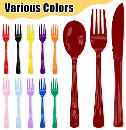 HEIPINIUYE 75 Pack Burgundy Plastic Cutlery Heavy Duty Burgundy Plastic Knives Forks and Spoons Disposable Silverware Set for 25 Guest Camping Birthday Baby Shower Party Cutlery Set